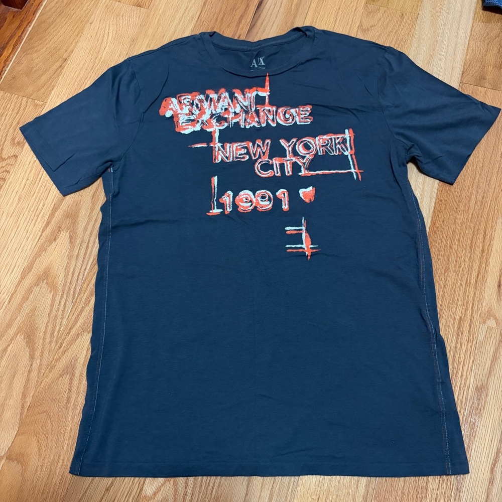 Armani Exchange Men's Dark Blue Tee with Red Graphic